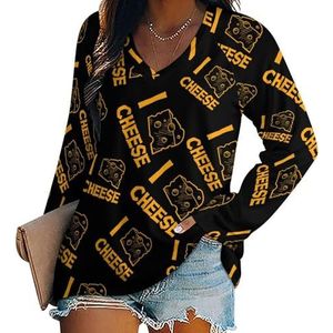 I Love Cheese Casual T-shirts met lange mouwen voor dames, V-hals, bedrukte grafische blouses T-shirt, tops, 5XL