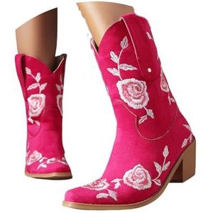 Enkellaarsjes Met Vierkante Neus, Cowboylaarzen, Bloemenborduurwerk, Western Cowgirllaarzen, Instaplaarzen Met Blokhak, Casual Rijlaarzen for Buiten, Feest, Platteland(40 EU)