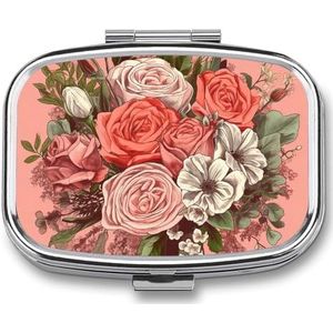 Pillendoosje pillendoosje voor vrouwen, wekelijkse pillenorganizer, rozenboeket, kunst, kleine pillendoos pillencontainer met 3 compartimenten, draagbare vitaminehouderdozen voor op reis,