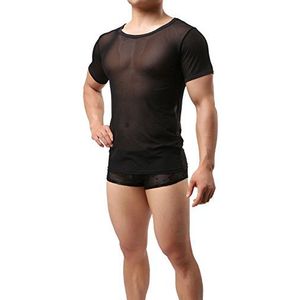 Heren T-shirt transparant zwart mesh tank top shirt nachtkleding mannen aantrekkelijk ondergoed slim muscle shirt nylon hemd sexy ondergoed heren onderhemd mesh top doorzichtig bovendeel, zwart, M