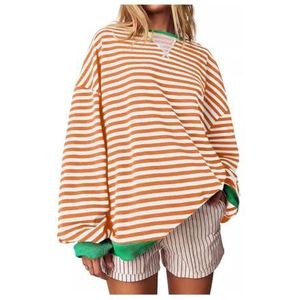 Gestreepte trui Dames Oversized gestreept sweatshirt Kleurblok Sweatshirt met lange mouwen en ronde hals Los truishirt (Color : Orange, Size : XL)