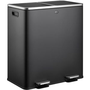 HÜSQ Prullenbak 60 liter (2 x 30), grote Pedaalemmer voor Afvalscheiding, 2 Vakken en Binnenemmers, soft-close Vuilbak, luchtdichte Afvalbak - Duo Vuilnisbak in RVS - Mat zwart