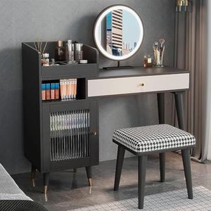 EdNey Vanity Desk Set, voor slaapkamer, make-up ijdelheid, met 3-kleuren verstelbaar aanraaklicht, kaptafel met grote laden en planken (kleur: ronde spiegel, maat: 80 cm)