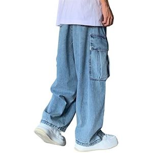 Sawmew Heren Baggy Jeans Hip Hop Jeans Tiener Jongen Streetwear Skateboard Y2K Broek Mode Skater Skateboard Broek (Color : Blue, Size : S)