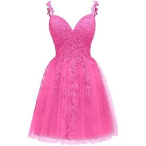 Spaghetti Bandjes Bruidsmeisjes Jurken voor Junioren Kant Applique Avond Cocktail Party Maxi Jurk Mini Lengte AH154, Fuchsia, 32