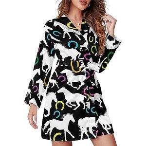 Witte Paarden En Hoefijzer Print Vrouwen Badjas Sjaal Kraag Loungewear Spa Badjas Lange Mouw Pyjama M