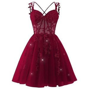 YIANN Kant Applique Tule Homecoming Jurken voor Tieners V-hals Backless Knielengte Cocktail Jurk Feestjurk, wijnrood, 32