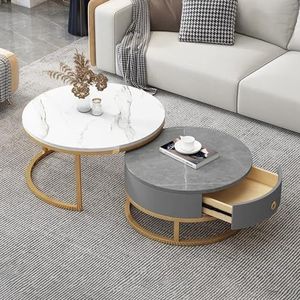 Multifunctionele salontafel, 2-delig, met opberglade for woonkamer- en slaapkamerdecoratie, leistenen marmeren textuur en metalen frame (Color : Gold Frame+white+gray)