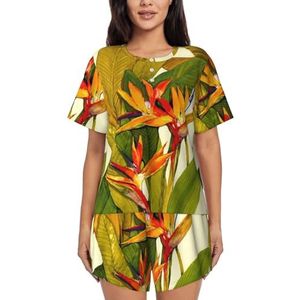 RIVETECH Pyjama voor dames met tropische bloemenprint en korte mouwen, comfortabele korte sets, nachtkleding met zakken, Zwart, XL