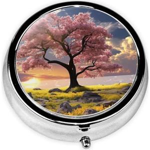 Pillendoosje met spiegel, retro pillendoosje met 3 vakken, bloem en boom, kleine pillenorganizer voor portemonnee of zak, decoratieve metalen medicijnen, vitamine-organizer, unieke geschenken
