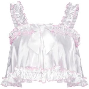 Satini Lingerie Satijn Sissy Gerolde Zoomrand Frilly Cami Top (Wit, S)