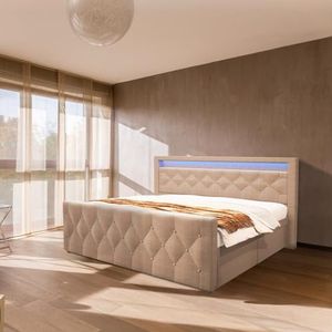 Home Deluxe - Gestoffeerd bed VELARA - 180 x 200 cm, kleur: beige, incl. H3/H4 matras, gevoerd hoofdeinde met LED-verlichting, incl. 4 laden I tweepersoonsbed comfort bed