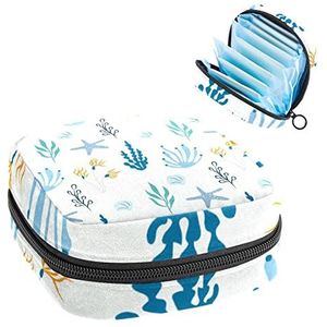 Hand getrokken koraal met zee dieren-01 periode zakje draagbaar,tampon opbergtas voor maandverband, Meerkleurig, 4.7x6.6x6.6 in/12x17x17 cm