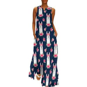 Bloemen Lama Alpaca Womens Jurken V-hals Zonnejurk Zomer Mouwloos Strand Lange Jurk Vakantie 5XL