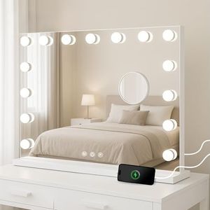 Bayt Hollywood Make-upspiegel met verlichting, 80 x 60 cm, dimbaar, 3 lichtmodi, bluetooth, 10x vergroting, touchscreen, staande spiegel, wit