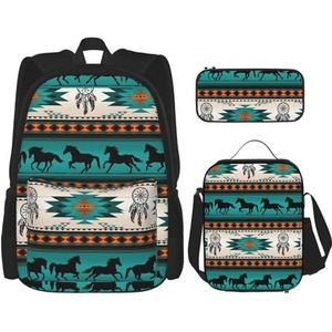 SUHNGE Kerst Winter Landschap Herten Print Travel Backpack3 Stuks Set, Lichtgewicht Waterbestendig Boekentas, Lunch Tas, Potlood Case, Paard Strepen Patroon, Eén maat