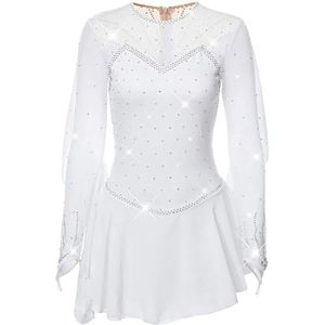 FZHQNZJF Kunstschaatsen Dansjurken Lange Mouwen Rolschaatsen Danskleding voor Meisjes Handgemaakte Ritmische Wedstrijdkostuums Schaatsdanskleding met Strass Steentjes,Wit,11_13Years