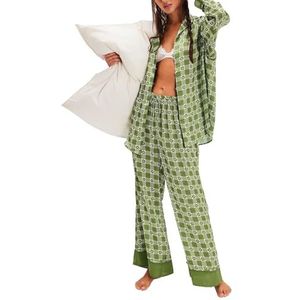 Dames Zomer Klassieke Knoopjes Lange Satijnen Zijden Pyjama Set(Green grid,X-Large)