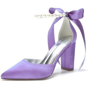 HFWXYSA Dames Gesloten Puntige Neus Bruids Pompen Blok Chunky Hak Parel Enkelbandje Bruiloft Kantoor Business Dress Schoenen,Light purple,38 EU
