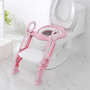 Potjestrainer, toilettrainer, leerpotje met trap, armleuningen, PU-gevoerd, antislip, in hoogte verstelbaar (roze + rood)