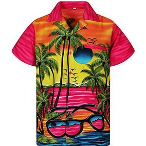 King Kameha Hawaiihemd voor heren, funky casual kraag, borstzak, uniseks, korte mouwen, zonnebril, zonnebril, Zonnebril Roze, XL