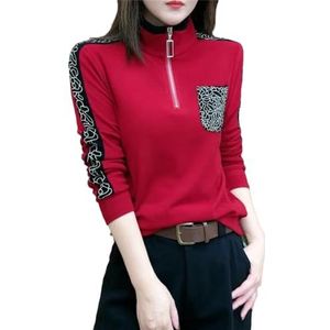 Vrouwen Lente Herfst Losse Rits Patchwork T-shirts Vrouwen All-Match Trend Casual Lange Mouw Solid Tops, Rood, 3XL