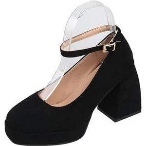 Klassieke elegante damespumps vintage fluweel leer hoge hakken damesschoenen vierkante gesp Mary Jane schoenen dames banket Lolita schoenen, zwart, 36 EU