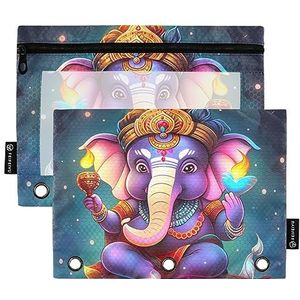 Ganpati Indiase stijl oranje geel wit blauw zwart cyaan 3 ringband potlood etui 2 pak doorzichtige waterdichte plastic etui met rits cosmetische tas kantoor document organizer