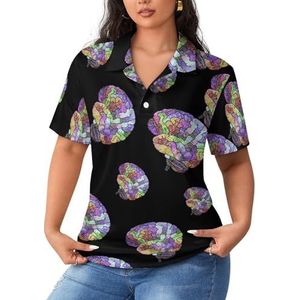 The Rainbow Brain Poloshirts voor dames, korte mouwen, casual T-shirts met kraag, golfshirts, sportblouses, tops, XL
