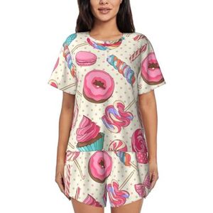 RIVETECH Sweet Lollipop Cupcake Print Dames Pyjama Set met korte mouwen - Comfortabele korte sets, mouwen nachtkleding met zakken, Zwart, XL