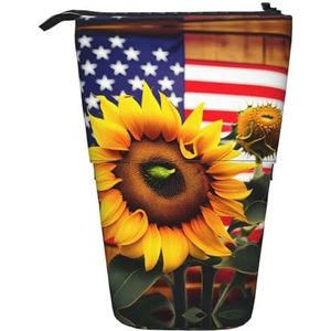 Nbtghga Zonnebloem en Amerikaanse Vlag Print Potlood Telescopische Klassieke Kunsten Stand Up Potlood Case Organizer Potlood Houder Make-up Tas Gift, Zwart, Eén maat