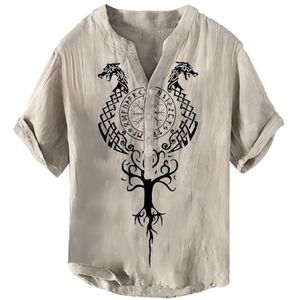 JHBTFQ Viking T-shirt voor Heren Henry-kraag Korte Mouwen Casual Knoop Bamboe-linnen stof Dun Zomer Shirt,Helm of awe khaki,4XL