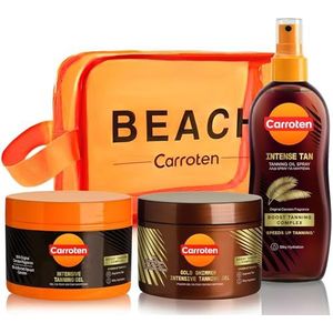 Carroten 3-delige zonneverzorgingsset - bruiningset van intensieve bruiningsgel 150 ml, intensieve bruiningsolie met kokosolie 200 ml en aftersun koelgel 200 ml, incl. praktische make-uptas