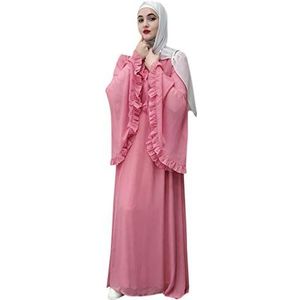 Moslim Womens Jurk Effen Kleur Kant Ruches Bell Sleeve Crew Neck Tie Taille Flowy Robe Lange Jurk Abaya Turkije Islamitische Casual Bescheiden Maxi Jurk Kaftan Kleding Heilige Maand