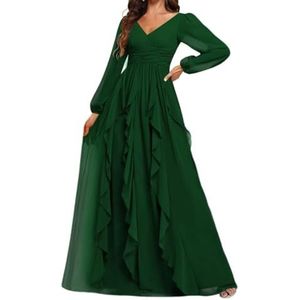 Prinses Bruidsmeisje Jurken Lange Mouw Prom Jurken V-hals Chiffon Formele Avond Party Maxi Jurk ZM208, Emerald, 32