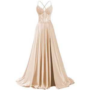BRIGOW Satijnen bruidsmeisjesjurken voor dames, met split, galajurken, plooien, cocktailjurk, grote maten, Champagne, 32