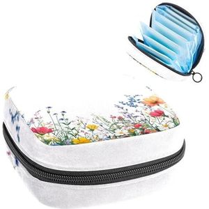 Opbergtas voor maandverband, kleurrijke tuin wilde bloemen witte achtergrond draagbare menstruatie pad tas, inlegkruisjes tampons maandverband opslag houder voor vrouwen school kantoor