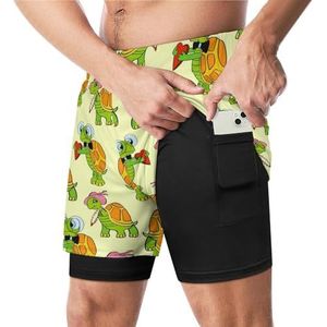 Underwater Lovers Turtles Grappige Zwembroek met Compressie Liner & Pocket Voor Mannen Board Zwemmen Sport Shorts