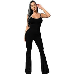KOEMCY Lange jumpsuit met spaghettibandjes voor dames, playsuit, ronde hals, bodycon, stretch, lange broek, losse rompertjes, mouwloos, rugvrije overalls, effen kleur, broek, casual cluboutfits,