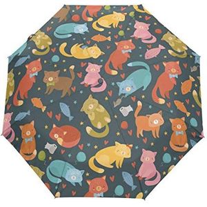 Vissen, kat, hartje, paraplu, automatisch opvouwbaar, draagbaar, winddicht, voor mannen en vrouwen