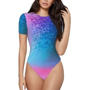 ELSMZXZD Bodysuit met korte mouwen voor dames - glitter pailletten vlek bedrukt ronde hals bodysuit, rekbaar T-shirt top, casual slim fit turnpakje, 3 D, S