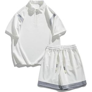 Anybird Heren 2-delige Outfits Poloshirt met korte mouwen Trekkoord Elastische taille Shorts Set Zomer trainingspak,Wit,3XL