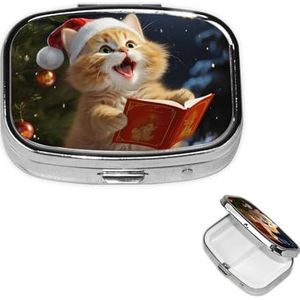 Vierkante pillenhoes voor portemonnee of zak 2 compartimenten geneeskunde pillendoos draagbare kleine pillenorganisator schattige kat zingen kerstliederen reizen pillendoos geneeskunde vitamine