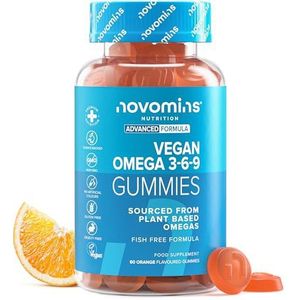 Omega 3 Gummies - Vegan - 1 Maand Supply - Ondersteunt hart, hersenen & eye gezondheid - Veganistisch Kauwbare Omega 3 6 9 - Duurzaam plantaardig alternatief voor visolie - Novomins