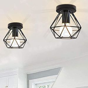 iDEGU 2 x Industriële plafondlamp van metaal, kooivorm, vierkant, 16 cm, kroonluchter, lampenkap, staal, lampje E27, 40 W, zwart, voor woonkamer, slaapkamer, bar (mini diamant B)