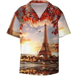 TyEdee Parijse toren en rode bladeren print heren korte mouwen overhemden met zak casual button down shirts business shirt, Zwart, 3XL