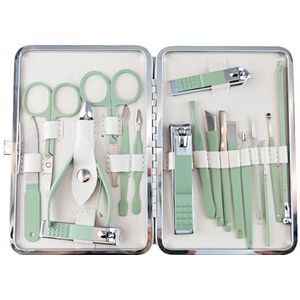 KuqitsBai Manicureset, 7/15/18-delig, pedicureset, nagelset, nagelknippers, gepolijst roestvrij staal, nageletui voor nagelverzorging, beauty, thuis en op reis (mintgroen, 18 stuks)