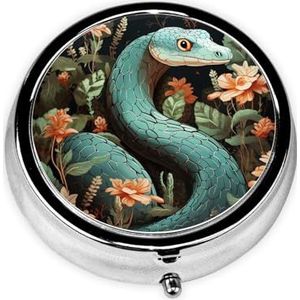 Pillendoosje met spiegel, retro pillendoosje met 3 vakken, slang en bloem, kleine pillenorganizer voor portemonnee of zak, decoratieve metalen medicijnen, vitamine-organizer, unieke geschenken