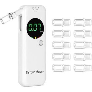 Draagbare ketonenademtester, digitale ketonenademmeter, ketoseademtester voor het bepalen van de ketonenstatus, met 10 verwisselbare mondstukken (Wit)