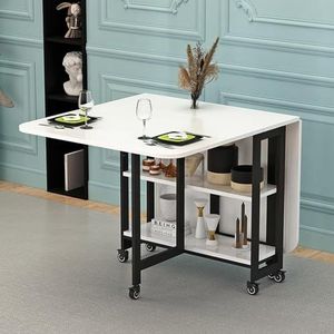 Opvouwbare eettafel met 6 wielen, mobiele opvouwbare eettafel met 2-laags opbergrek, for 4-6 personen, eetkamertafel met metalen frame en houten plank, eenvoudige montage (Color : Bianco, Size : Sva